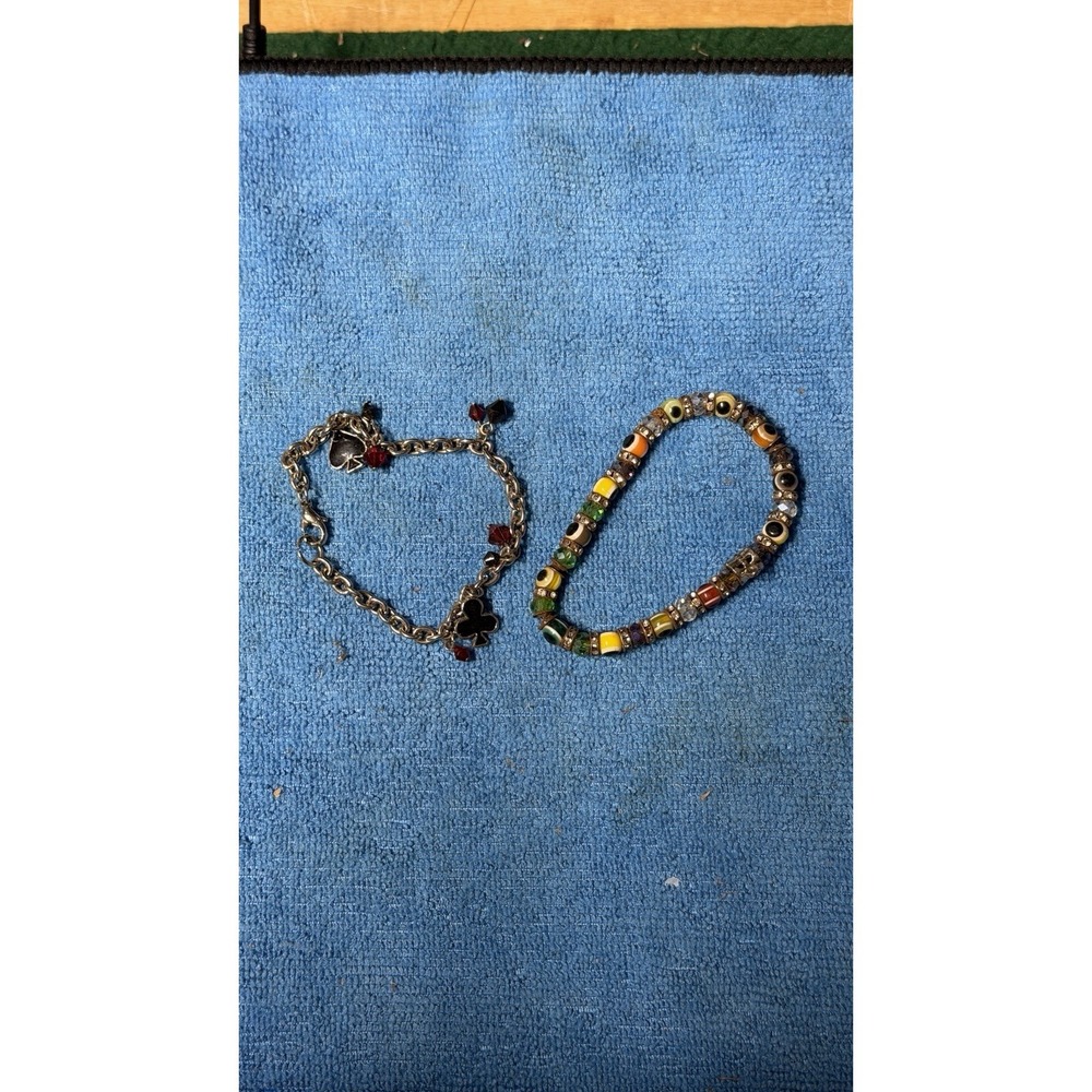 2 Vintage Bracelets Lot – Charm Chain & Beaded Stretch Bracelet